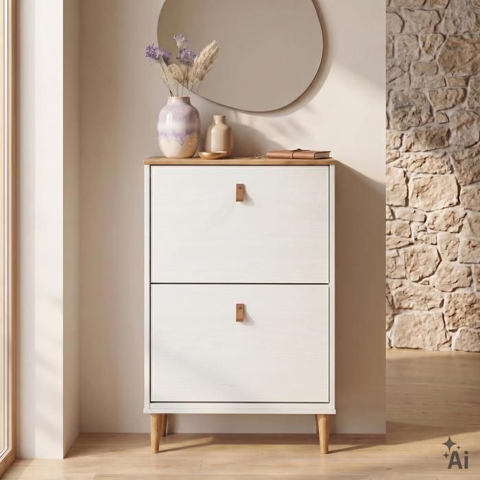 Meuble à chaussures entrée Mikka 2 abattants en bois massif coloris blanc et chêne pour jusquà 10 paires Meuble à chaussures entrée Mikka 2 abattants en bois massif coloris blanc et chêne pour jusquà 10 paires