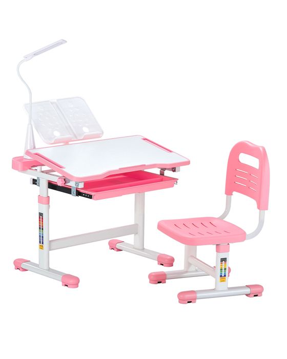 Ensemble Chaise et Bureau pour Enfants-VEVOR-avec Lampe de Table-Hauteur Réglable et Inclinés de 0 à 40°-Rose