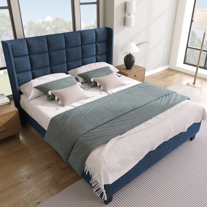 Lit double 140x200 cm - Cadre en lin bleu - Tête de lit rembourrée - Sommier à lattes inclus - Design intemporel