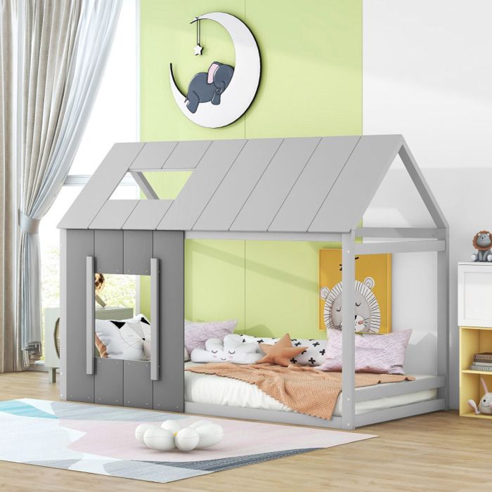 Lit enfant - LANGTU - Cabane 90x200 - Bois pin & MDF - Gris - Sommier inclus