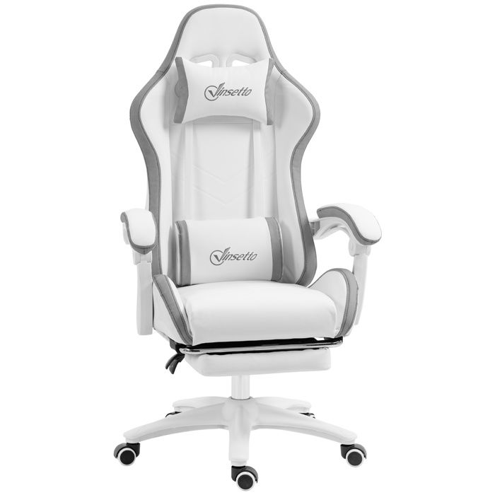 VINSETTO Chaise de bureau gaming inclinable pivotant r&eacute;glable - coussins lombaires t&ecirc;ti&egrave;re inclus - gris blanc