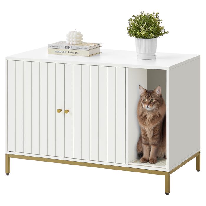 Meilleurs prix pour Meuble Litière Chat - Feandrea - Blanc/Doré - Tapis Grattage - Pieds Hauts - 90x48x615 cm