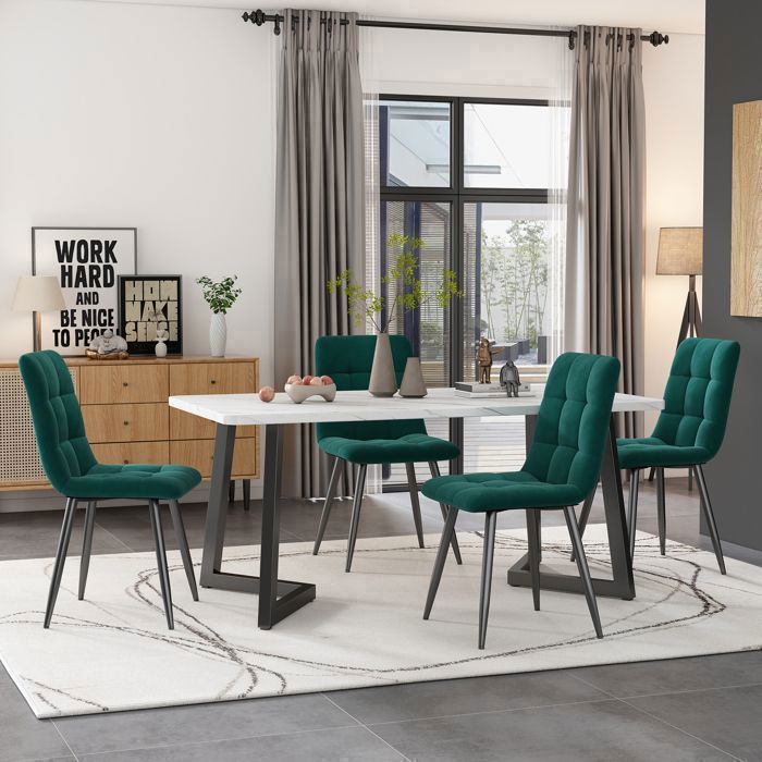 Ensemble Table et 4 Chaises de Salle à Manger - Table à Manger Rectangulaire - Merax - 117 cm - 4 Chaises Velours Vert - Pieds Noirs