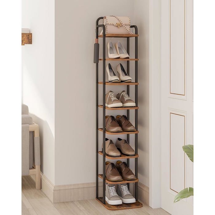 Étagère à Chaussures Verticale à 8 Niveaux Tour à Chaussures pour Petits espaces autoportante réglable Marron Rustique et Noir