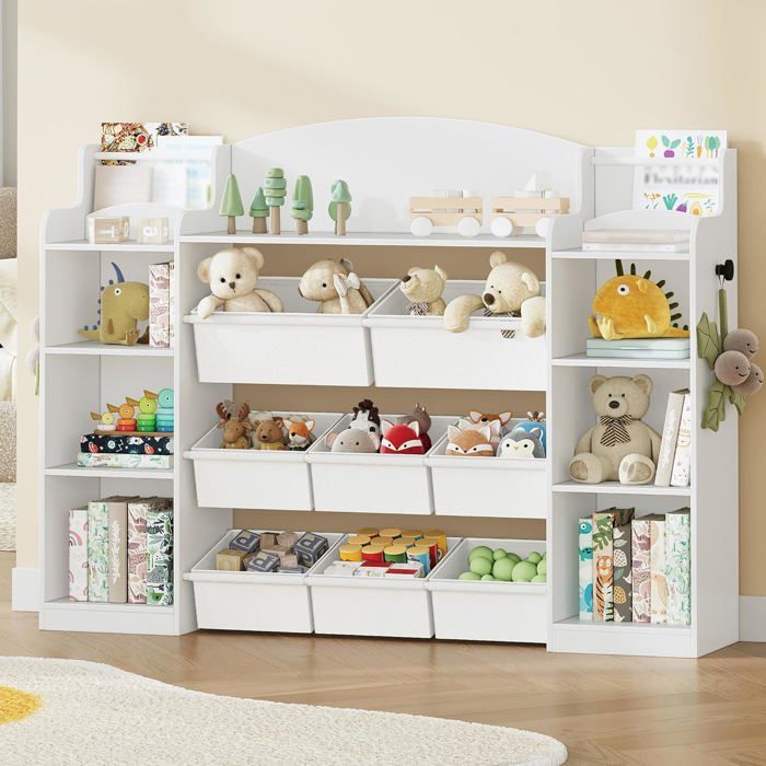 Bibliothèque pour Enfantsétagère en Boisétagère à Jouets avec 8 boîtes en Non-tissé pour Chambre denfantBlanc30 x 140 x 104 cm