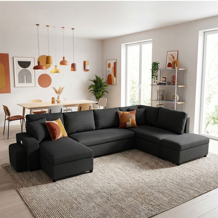 VEGA Canapé dangle reversible convertible Noir CHARBON (tissu structuré ) 326 x H.83 x P.157 - Taille XL - 6 places
