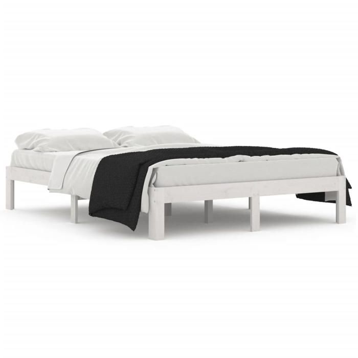 Lit Double Bois - KENNETH - Structure de lit - 2 Personnes - sans matelas - blanc bois de pin massif 140x190 cm - LL6804