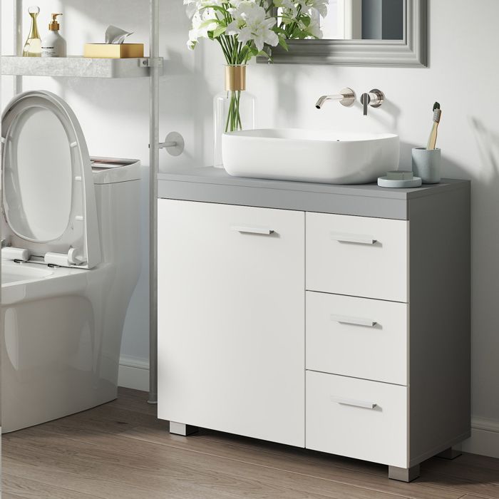 Meuble sous lavabo - MDF - 3 tiroirs - 2 compartiments - Blanc nuage et gris tourterelle