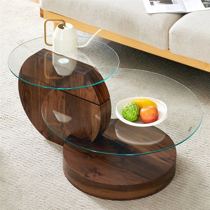 Table Basse Moderne Design en Verre Double Plateau Bois Noyer La Base Table Basse de Salon Transparente avec Rangement 90x70x44 cm