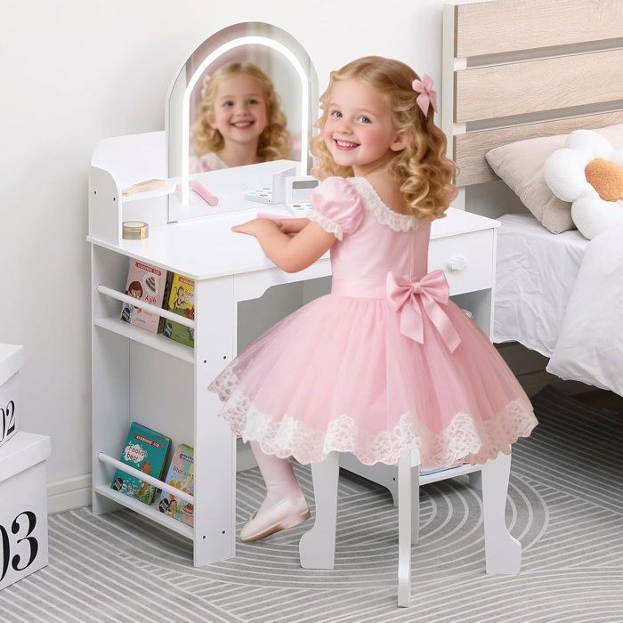 Coiffeuse pour Enfants avec Tabouret et Miroir LED-Tiroirs Table de Maquillage Enfants 3+Ans-BLANC/Accessoirs