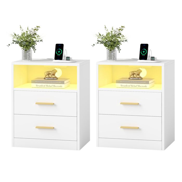 Lot de 2 Tables d’Appoint Modernes avec Tiroirs Lumières LED Multiprises et Ports USB pour Chambre Blanc