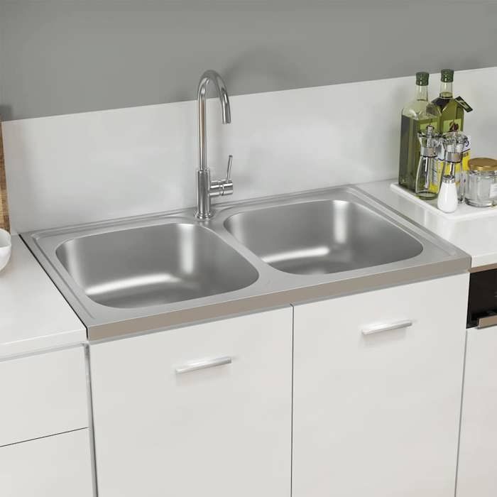 BURKE@ Argent Évier de cuisine à double lavabo argenté 800x500x155 mm inox 6.85 kg Haute qualité  A1464