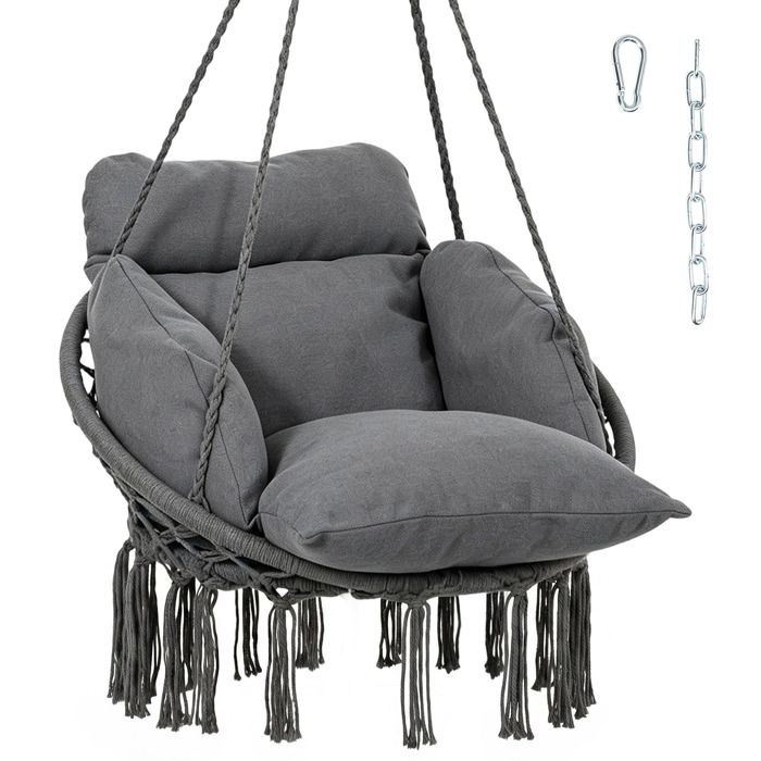 Chaise suspendue - Outsunny - avec grand coussin rembourré - à franges - kit de suspension - cadre en acier - tissage - gris foncé