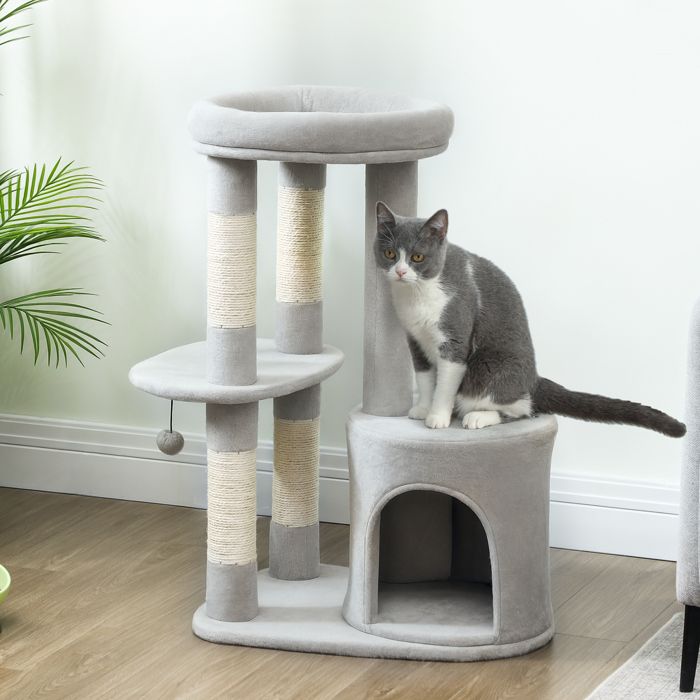 Arbre à chat - AKOZON - 12698 - gris clair - 60 x 45 x 90 cm - multifonctionnel (plateformes niche sisal)