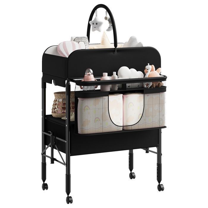 Table à langer pliante pour bébé N-226 – Avec rangement acier + tissu noir – Meuble de change pratique
