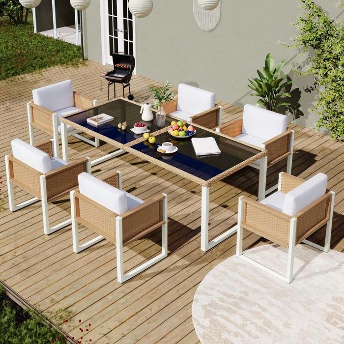 Salon de jardin - 6 personnes - Rotin PE tressé - Cadre acier antirouille - Plateau verre trempé 180 cm