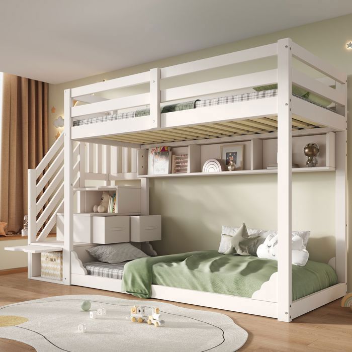 Lit superposé - SOGEU - 90x200 cm - Escalier rangement & 2 tiroirs - Pin peint blanc - Certifié EN 747:2024 120kg