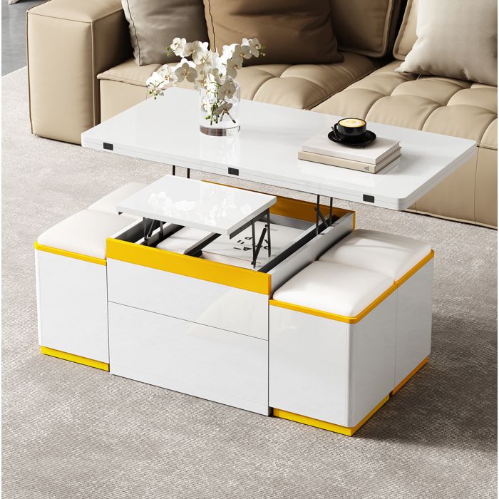 Table basse relevable blanche et jaune avec 4 tabourets de rangement