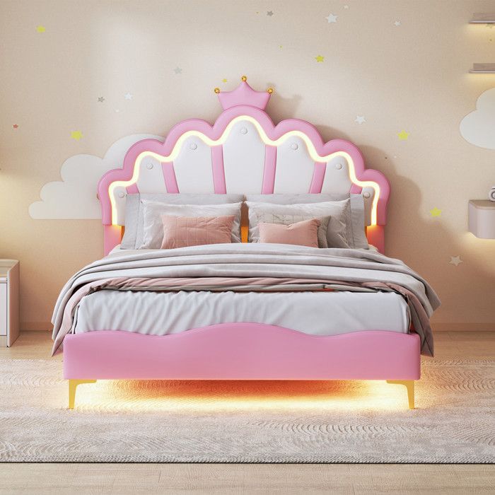 Lit princesse enfant 140x200cm avec éclairage LED tête de lit Couronne et réglable en Hauteur sommier à lattes en bois PU Rose