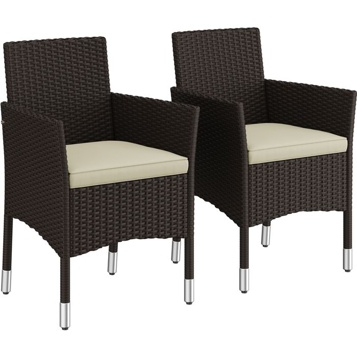 Yaheetech Lot 2 Fauteuils Jardin en Polyrotin Tressé Ensemble Salon Extérieur avec Coussins pour Balcon Terrasse Marron/Beige