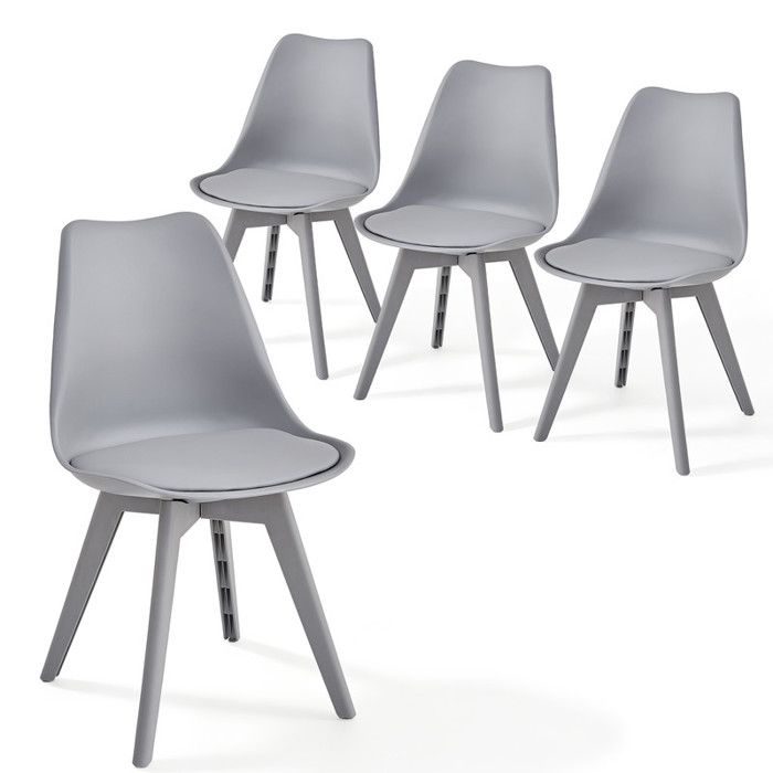 Lot de 4 chaises — Scandinave — Gris — Pieds en plastique Gris — Avec coussin simili cuir
