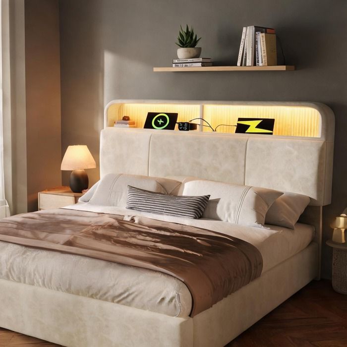 Lit double en velours linen beige 140x200 cm avec tête de lit réglable et rangement hydraulique LED et ports USB