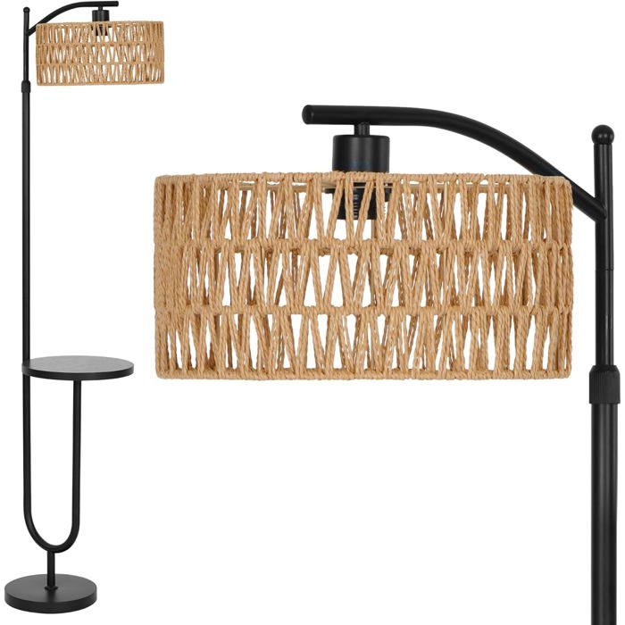 Lampadaire vintage avec étagères - Abat-jour en rotin tressé - Étagère intégrée Ø29cm