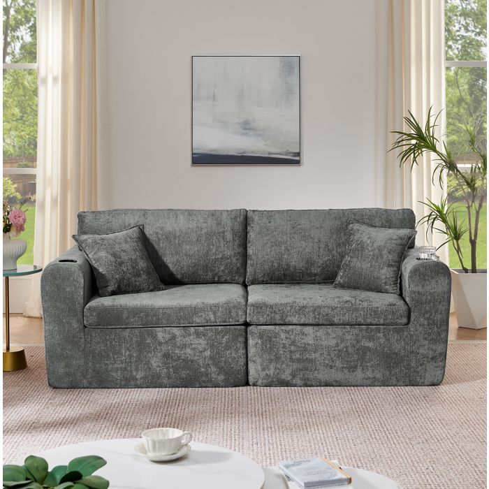 Canapé relax 2 places en chenille grise 220 x 100 x 89 cm avec USB porte-gobelets poche latérale et coussins