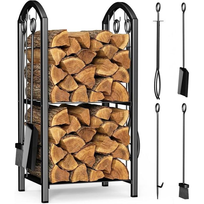 Porte Bûches de Cheminée avec 4 Outils Grande et 2 Étagères en Métal Grande Capacité Support de Stockage de Bois 75 * 38*38cm Noir
