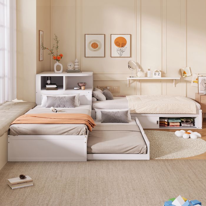 Lit plateforme 2x90x200cm avec lit gigogne 90x190cm lit enfant avec armoire de rangement. lit double Sommier à lattes blanc