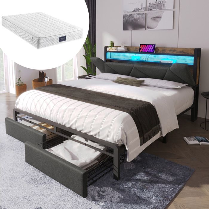 COVREO Lit double 160x200 cm avec matelas LED USB Type-C tête de lit avec rangement 2 tiroirs gris