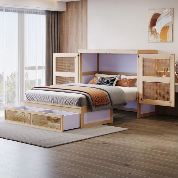 Lit escamotable 2 places 140×200 cm sommier à lattes tiroirs de rangement et rotin - ELVMI - sans matelas bois naturel