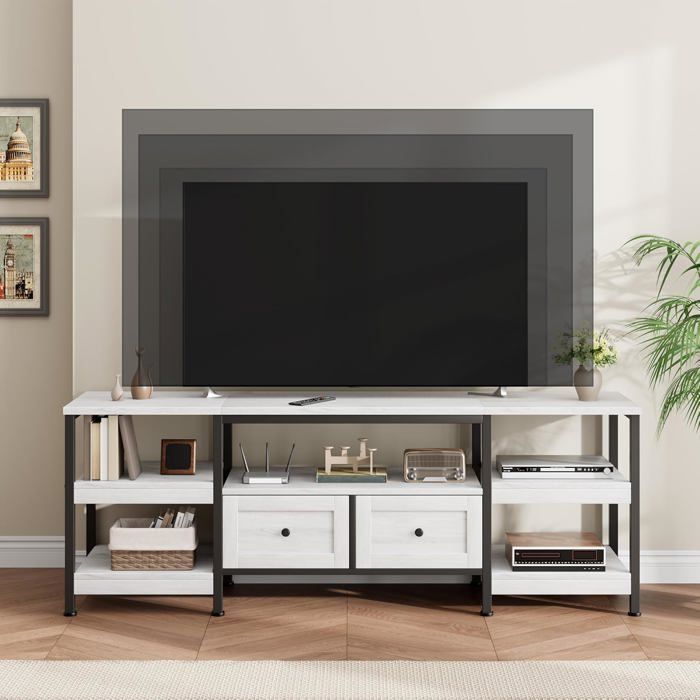 Meuble TV rustique-pour téléviseurs jusquà 165 cm console multimédia 2 tiroirs et étagères de rangement ouvertes blanc antique