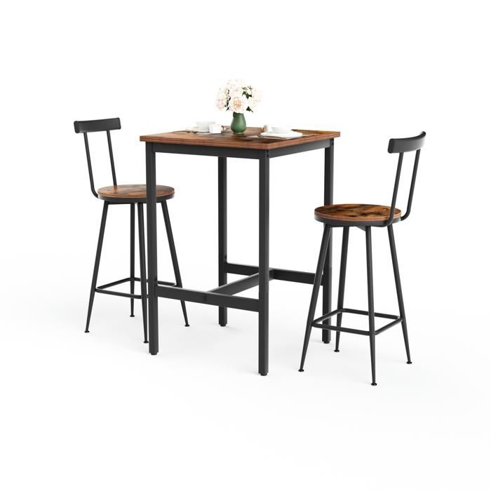 Ensemble table de bar 60 x 60 x 92 cm avec 2 chaises à dossier style industriel marron rustique et noir
