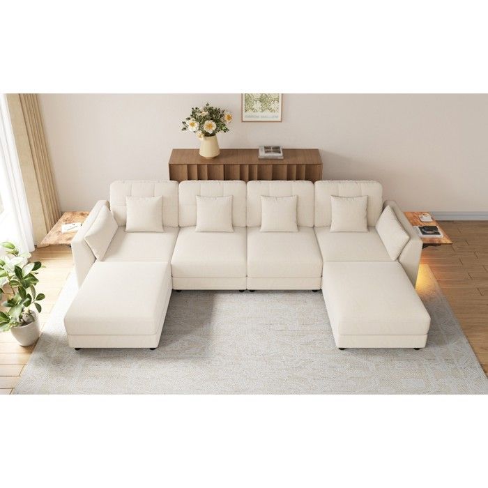 Canapé dangle modulaire 6 places avec 2 poufs mobiles LED - ELVMI - tablettes rabattables 6 coussins chenille beige