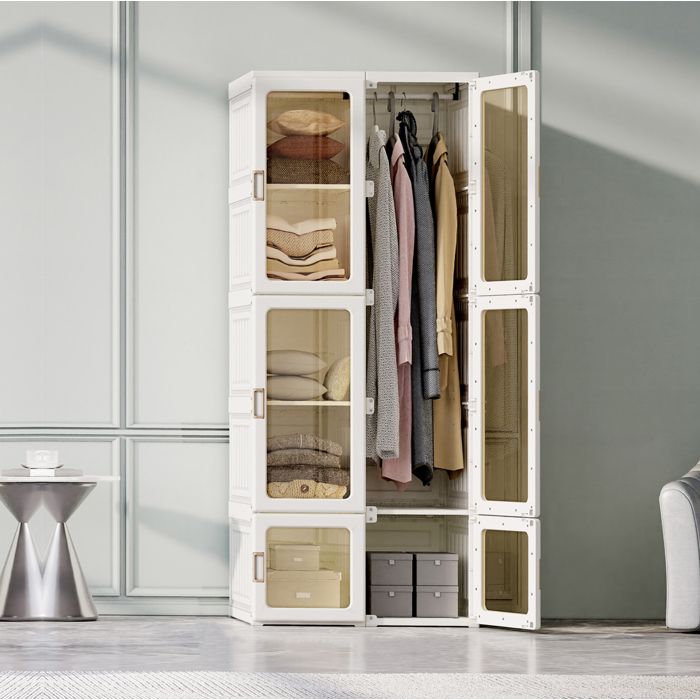 Armoire de Chambre 69x50x170 cm 10 Compartiments 6 Portes Transparentes 1 Suspension Capacité de Rangement de 590L PP Blanc
