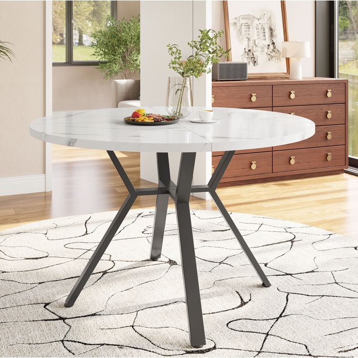 VEVXYN table table repas ronde salle à manger moderne diamètre 100 cm en MDF aspect marbre blanc avec pieds métal noirs
