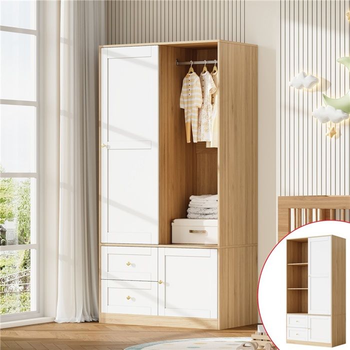 Armoire coulissante blanc bois 80x46x141 5 cm penderie + 2 tiroirs design semi-ouvert rangement chambre grande capacité Armoire coulissante blanc bois 80x46x141 5 cm penderie + 2 tiroirs design semi-ouvert rangement chambre grande capacité