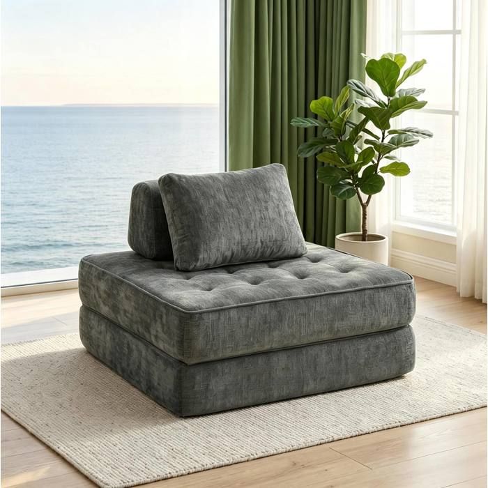 Canapé-lit pliable 1 place 2 en 1 en chenille grise convertible 97 x 194 cm avec coussin sans accoudoirs