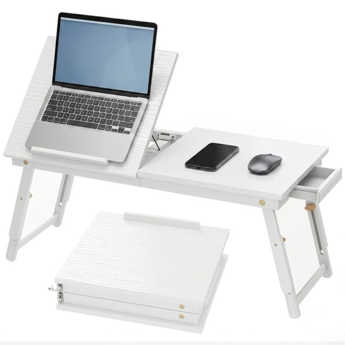 Table de lit pliable réglable plateau inclinable en bambou 835x33x34 cm tiroir latéral blanc