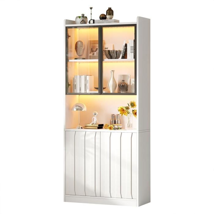 Vitrine en Verre avec éclairage LED Meuble de Rangement avec Portes en Verre et Cloison Ouverte Bibliothèque pour Collection Blanc