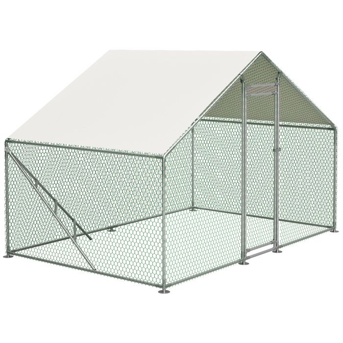 Poulailler métal – enclos poulailler extérieur – acier galvanisé – toit imperméable – blanc – 3 x 2 m