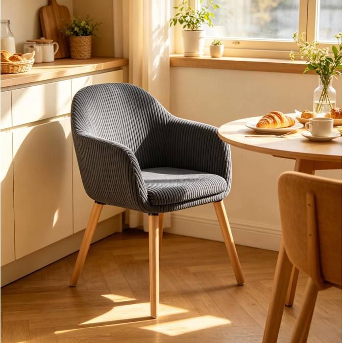 Chaise avec accoudoirs – Gris foncé – Corduroy bois métal – 120 kg