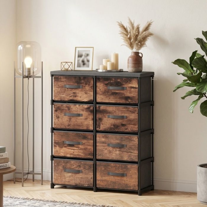 WUVRIE Commode 8 tiroirs en tissu structure métallique aspect bois rustique marron et noir