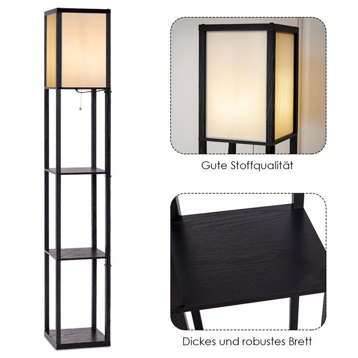 Design noir et abat-jour blanc bibliothèque avec lampe 2 en 1 3 étagères ouvertes pour salon chambre ou bureau