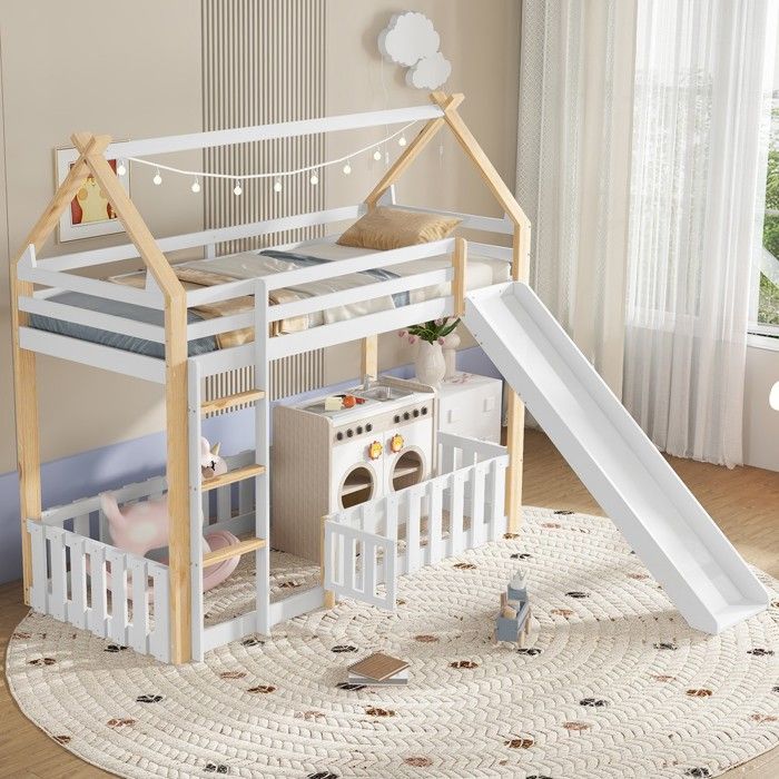 Lit superposé enfant toit cabane avec toboggan sommier à lattes bois pin blanc naturel 90x200 cm Lit superposé enfant toit cabane avec toboggan sommier à lattes bois pin blanc naturel 90x200 cm