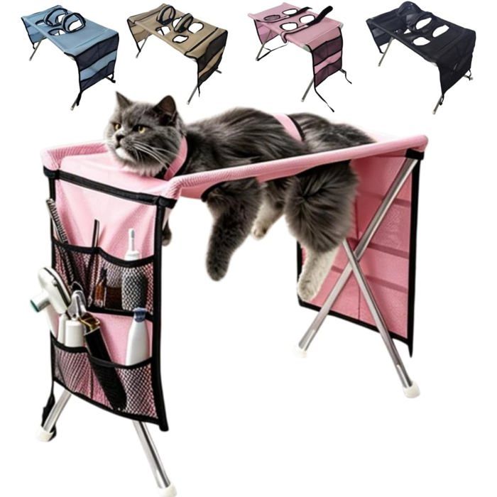 Support de Toilettage pour Chien Chat 4 Trous Pliable avec Sac de Rangement et 2 Sangles de Sécurité Filet Inox Rose