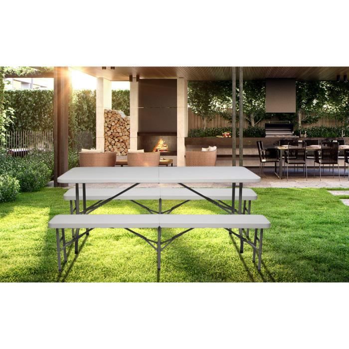 Ensemble Table + 2 Bancs Pliables Blanc 180 Cm - Pour Extérieur/intérieur (camping, Pique-nique, Garden Party) - Charge Max 100 Kg Table, 250 Kg Banc
