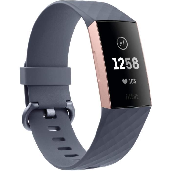 Fitbit - Charge 3 - Bracelet d’activité Forme et Sport : Jusqu’à 7 Jours d’autonomie et Étanche - Aluminium Or Rose / Bleu Ardoise