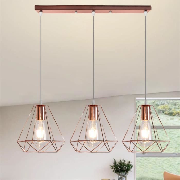 U-Do Lustre Brillant 3 Lampes Suspension Luminaire Cage forme Diamant en Fer Or Rose décoration Chambre Salle à Manger